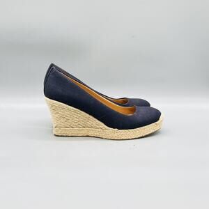 J Crew Shoes Womens 6.5 Blue Cotton Espadrille Wedge Heels Round Toe Slip On